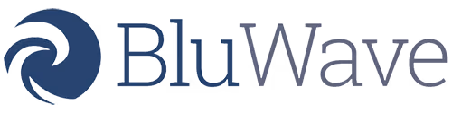 BluWave company logo with a stylized blue wave icon to the left of the text.