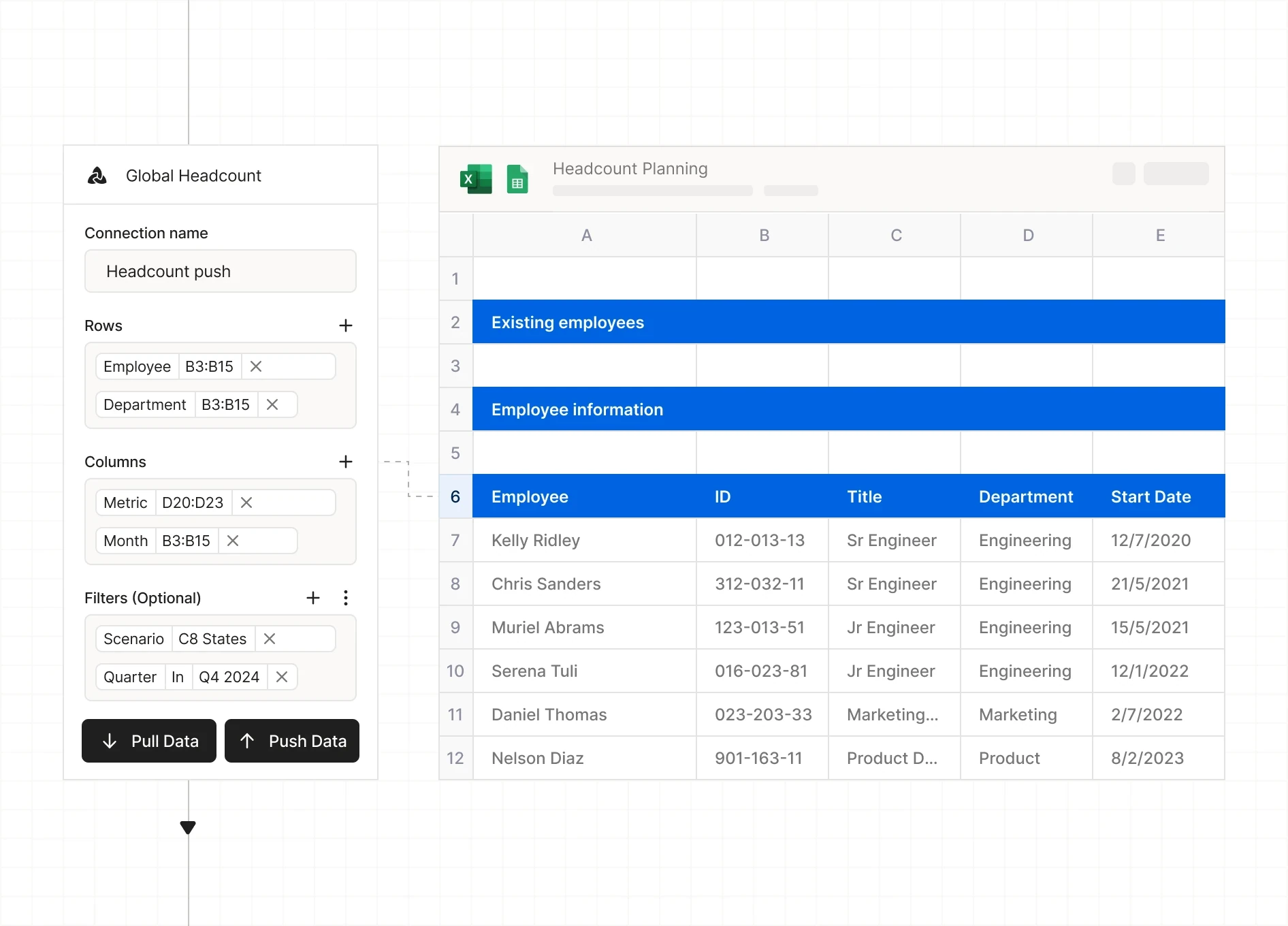 User interface for Global Headcount with input fields for connection name, rows, columns, and filters, alongside an Excel table titled Headcount Planning showing employee data like name, ID, title, department, and start date.
