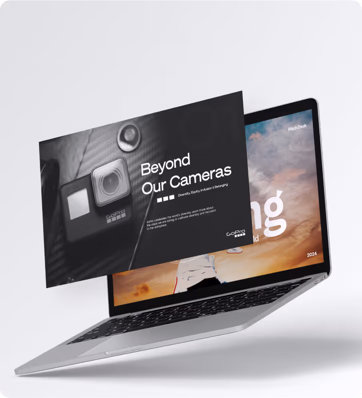 Floating laptop displaying a pitch deck slide titled 'Beyond Our Cameras' with a GoPro camera image and text about diversity, equity, inclusion, and belonging.