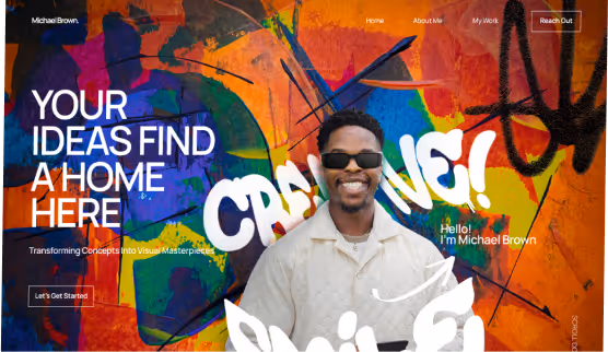Smiling man wearing sunglasses in front of colorful graffiti mural with text promoting creative ideas and visual masterpieces.