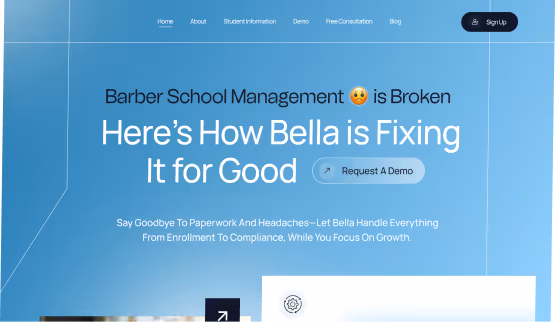 Website homepage banner with text about fixing broken barber school management, featuring a blue background and a call-to-action button 'Request A Demo'.