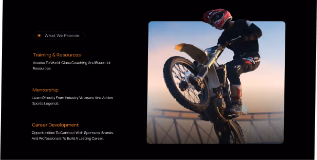Motorcyclist performing a wheelie against a sunset sky, alongside text about training, mentorship, and career development services.