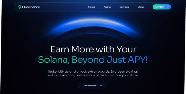 QubeShare website header with glowing blue arc background and text promoting earning more with Solana and beyond just APY through effortless staking and revenue sharing.
