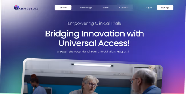 Website header for Karneyium with navigation bar and headline 'Bridging Innovation with Universal Access!' showcasing focus on clinical trials.