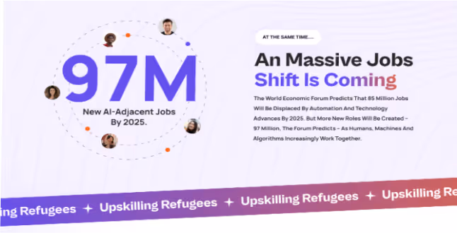 Graphic showing '97M New AI-Adjacent Jobs By 2025' with a statement about a massive job shift predicted by the World Economic Forum due to automation and technology, highlighting collaboration between humans, machines, and algorithms.
