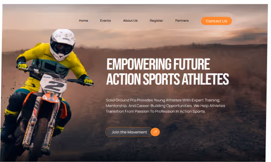 Dirt bike rider in yellow gear speeding on a dirt track with text about empowering future action sports athletes.