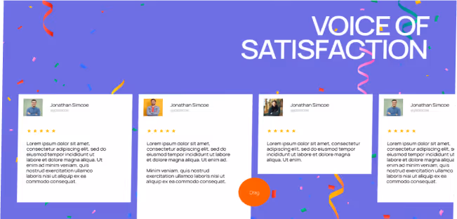 Four customer testimonial cards on a purple background with confetti and the title Voice of Satisfaction in white text.