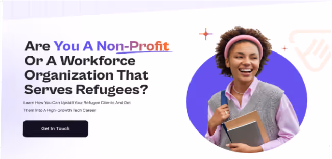 Smiling woman holding notebooks with text about supporting non-profit or workforce organizations that serve refugees.