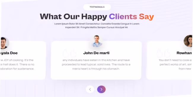 Client testimonials section with heading 'What Our Happy Clients Say' and three testimonial cards displaying client photos and partial quotes.