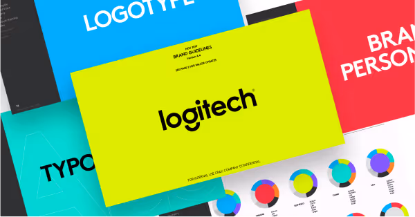 Colorful brand guideline pages with a bright yellow page centered featuring the Logitech logo.