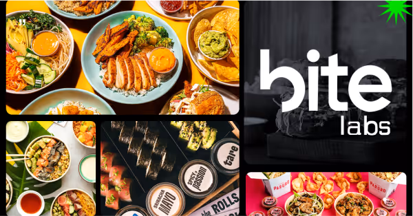 Collage of colorful food dishes including bowls with grilled chicken, vegetables, sauces, sushi rolls, and a logo with the text 'bite labs' accompanied by a green starburst.