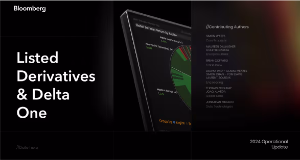 Bloomberg report cover page titled 'Listed Derivatives & Delta One' with a partial image of a screen displaying a pie chart and list of contributing authors, 2024 operational update.