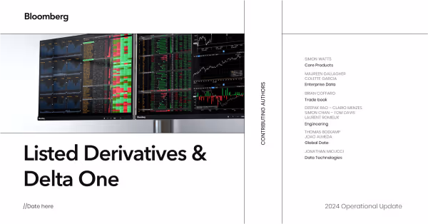 Bloomberg screen with financial trading data and charts titled 'Listed Derivatives & Delta One' and a list of contributing authors on the right.