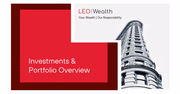 LEO Wealth logo with the tagline Your Wealth | Our Responsibility next to a tall, ornate building and investment portfolio overview text.