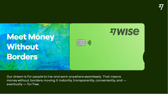 Illustration of a green Wise debit card with text 'Meet Money Without Borders' and a message about seamless money transfer worldwide.