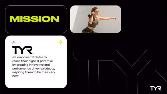Graphic layout with the word 'MISSION' in bold yellow-green text, a photo of a woman exercising with a kettlebell, and a TYR logo alongside a mission statement about empowering athletes through innovative products.