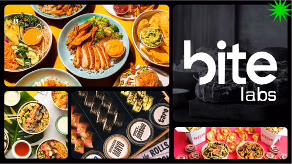 Collage showing diverse dishes including salads, chicken with sweet potato fries, sushi rolls, and fast food items alongside the white 'bite labs' logo on a dark background.
