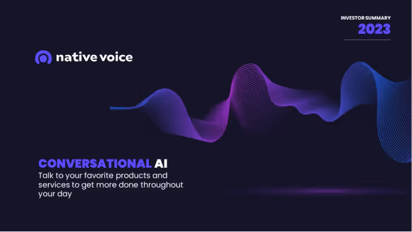Native Voice logo with title Conversational AI and description about talking to favorite products and services to get more done, with colorful soundwave graphic on dark background.