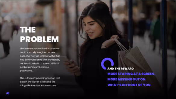 A woman holding shopping bags and looking at her phone with text describing the problem of internet communication and rewarding more screen time but missing out on real moments.