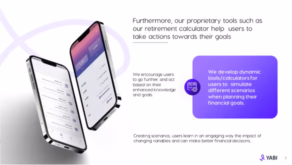 Two smartphones displaying a retirement calculator app interface with text describing proprietary tools that help users simulate scenarios and take financial actions based on their goals.
