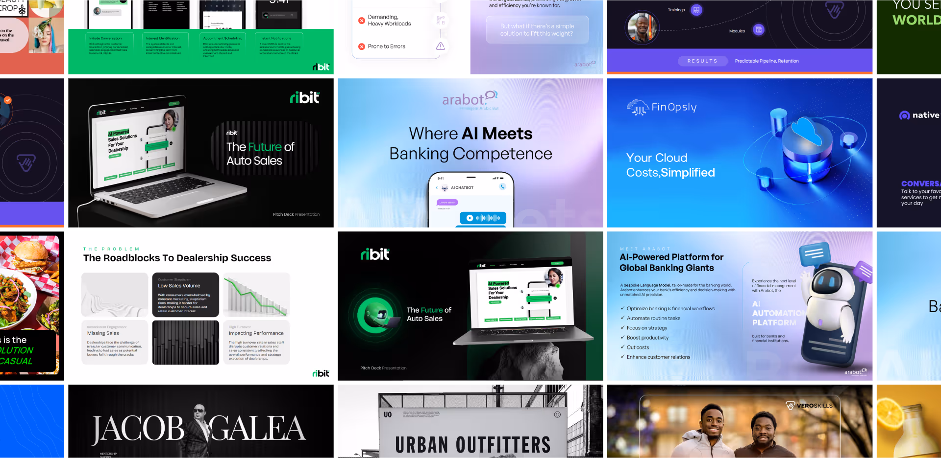 Collage of various digital marketing and AI product presentations including ribit AI for auto sales and arabot AI for banking.