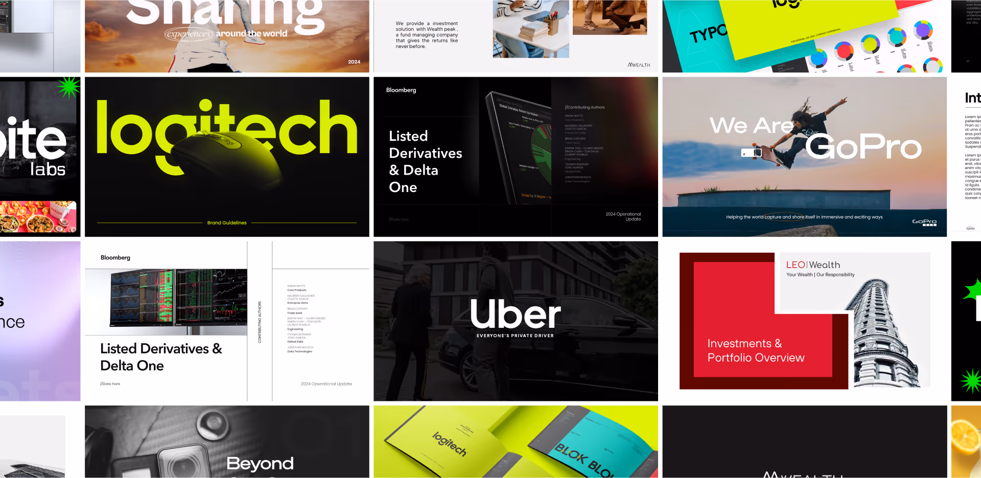 Collage of technology and finance brand images including Logitech mouse, Uber, GoPro, Bloomberg, and investment portfolio visuals.