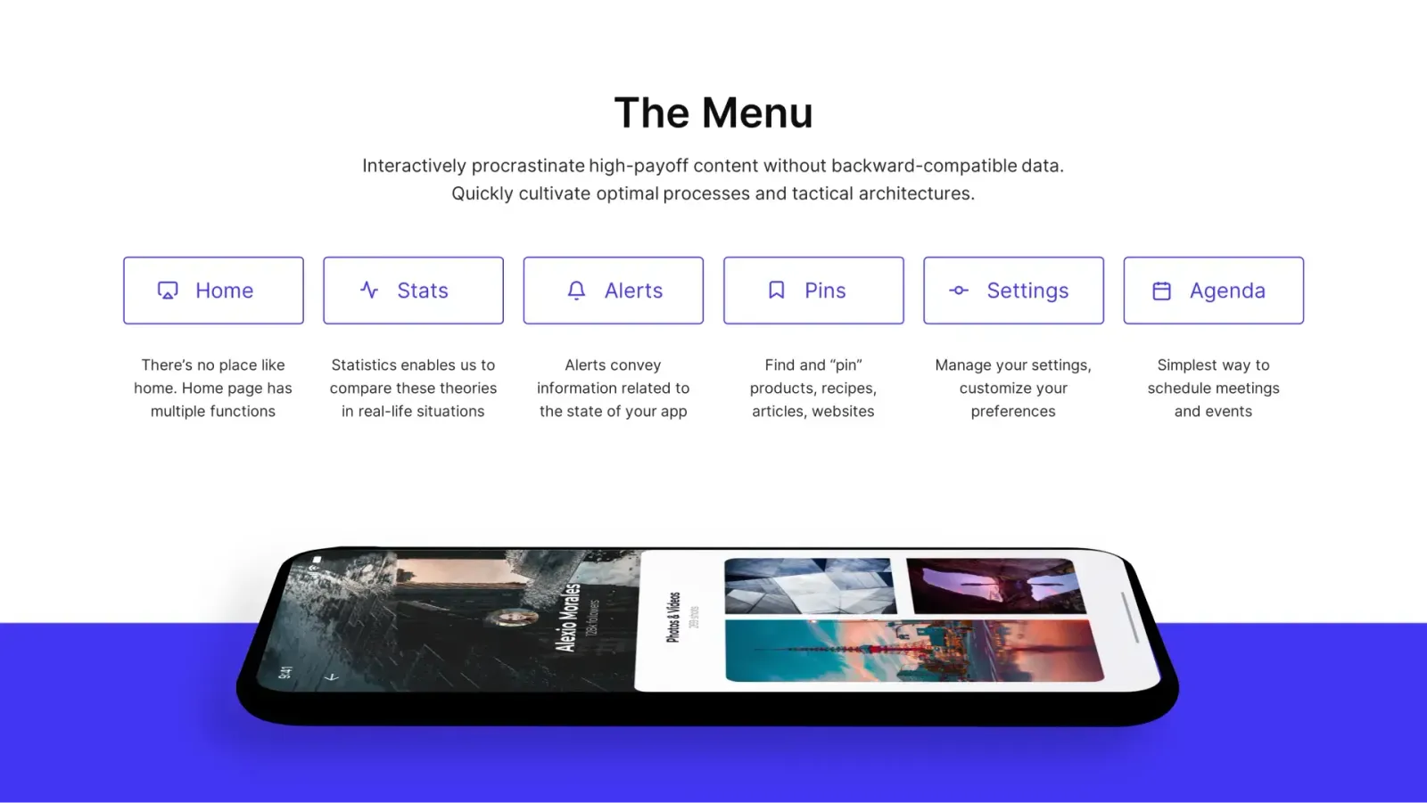 App menu options including Home, Stats, Alerts, Pins, Settings, and Agenda with descriptions above a smartphone displaying a photo gallery screen.