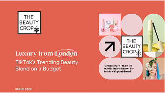 Graphic promoting The Beauty Crop brand with text about TikTok’s trending beauty blend budget and luxury from London.