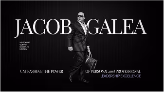 Stylish man in a pinstripe suit holding an umbrella walking confidently with text reading Jacob Galea and a slogan about unleashing personal and professional leadership excellence.