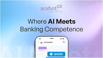 Arabot logo with text 'Where AI Meets Banking Competence' above a smartphone displaying a voice assistant chat interface.