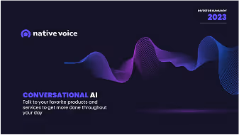 Native Voice logo with tagline about conversational AI to talk to products and services for increased daily productivity, against a dark background with flowing purple and blue wave design.