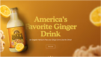 Bottle of Jake's organic heirloom Peruvian ginger drink with sliced lemons on a yellow background and text reading America's Favorite Ginger Drink.