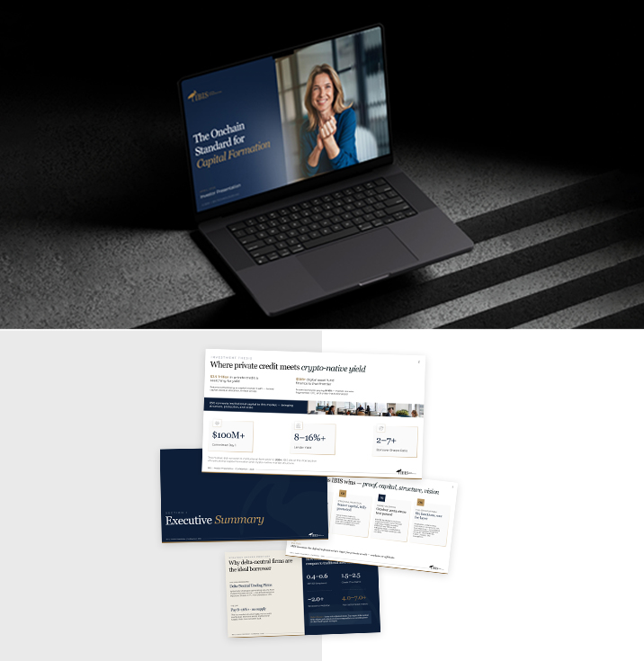 Institutional private credit pitch deck showcasing executive summary, performance metrics, and capital formation.