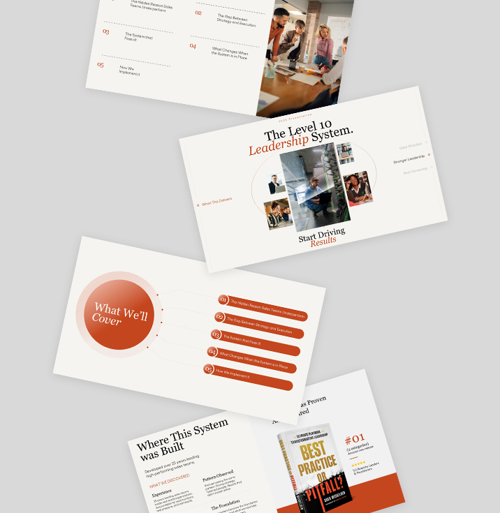 Leadership training presentation deck featuring agenda slides, strategic frameworks, and business insights.