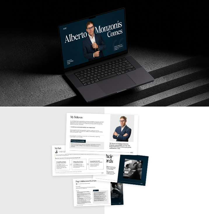 Professional portfolio website mockup featuring Alberto Monzoni with resume, profile, and project presentation layouts.