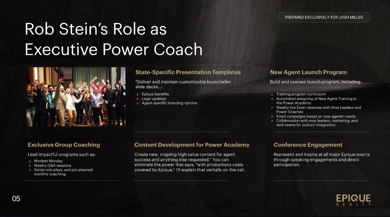 Executive coaching presentation slide highlighting leadership programs, training, and content development.