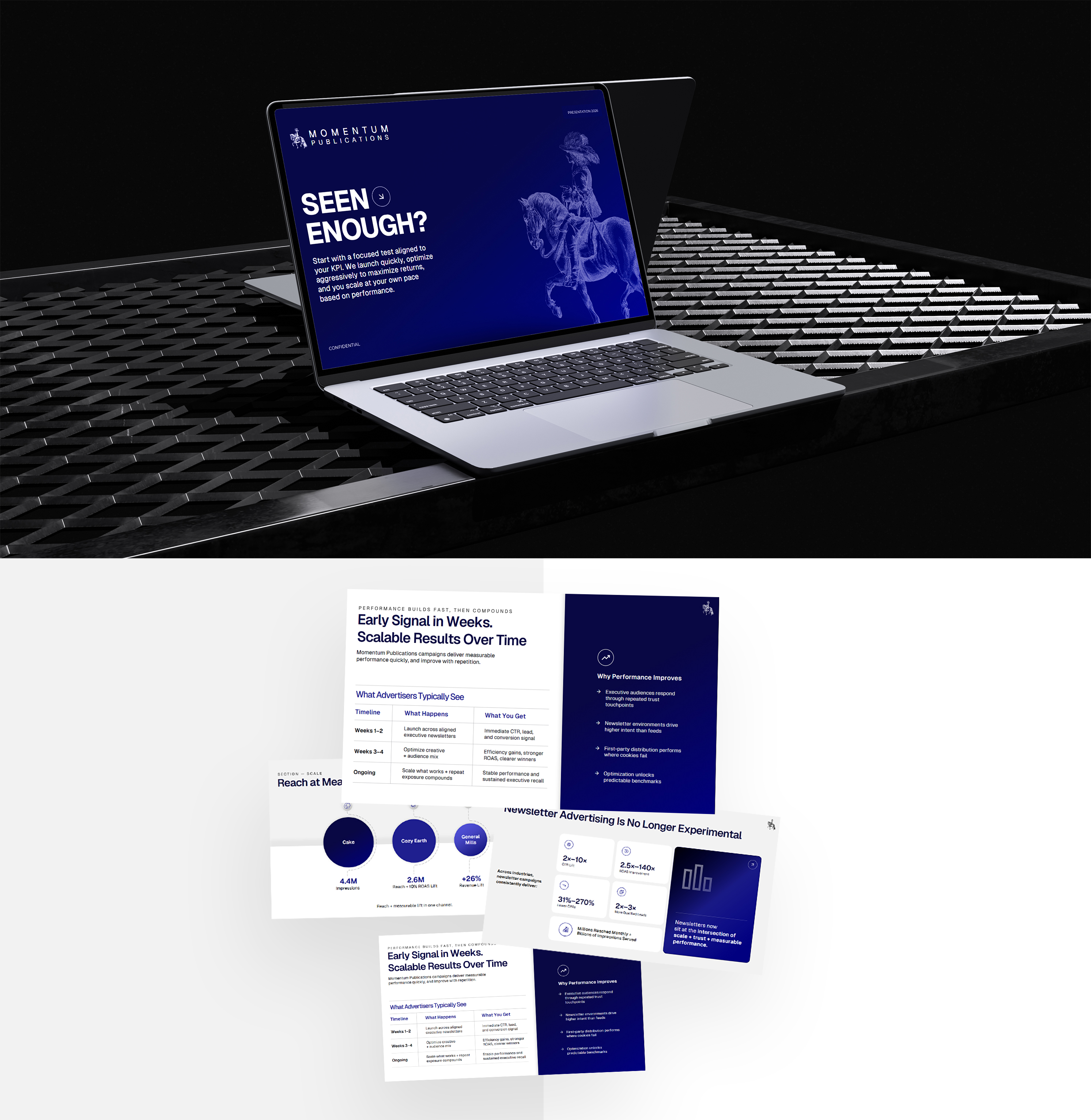 Digital advertising pitch deck showcasing newsletter marketing performance, audience reach, and growth metrics. 