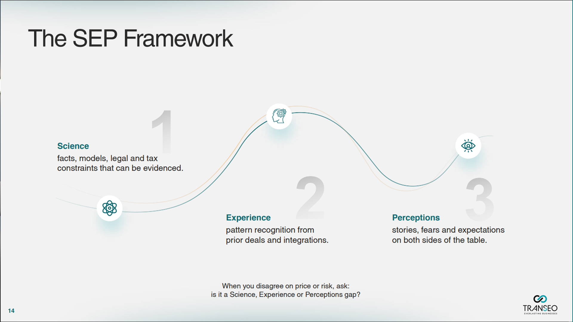 SEP framework slide illustrating science, experience, and perceptions for strategic decision making.