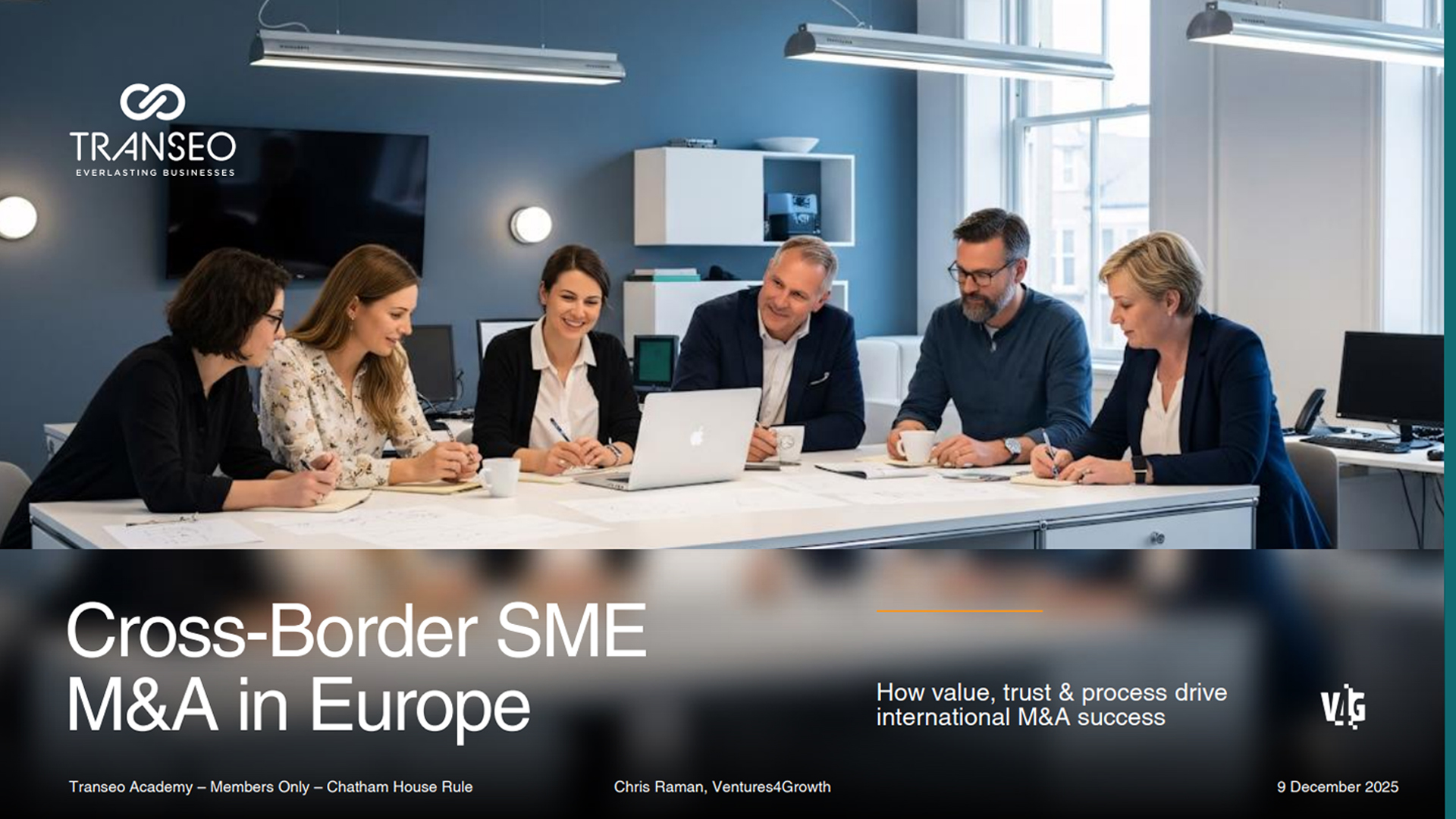 Cross-border M&A presentation cover slide featuring SME acquisitions, business strategy, and growth insights. 