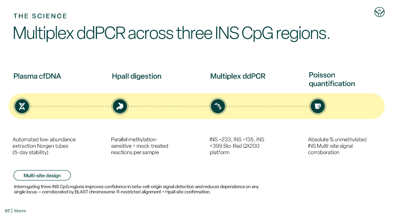 Scientific presentation slide explaining multiplex ddPCR workflow, plasma cfDNA analysis, and diagnostics.