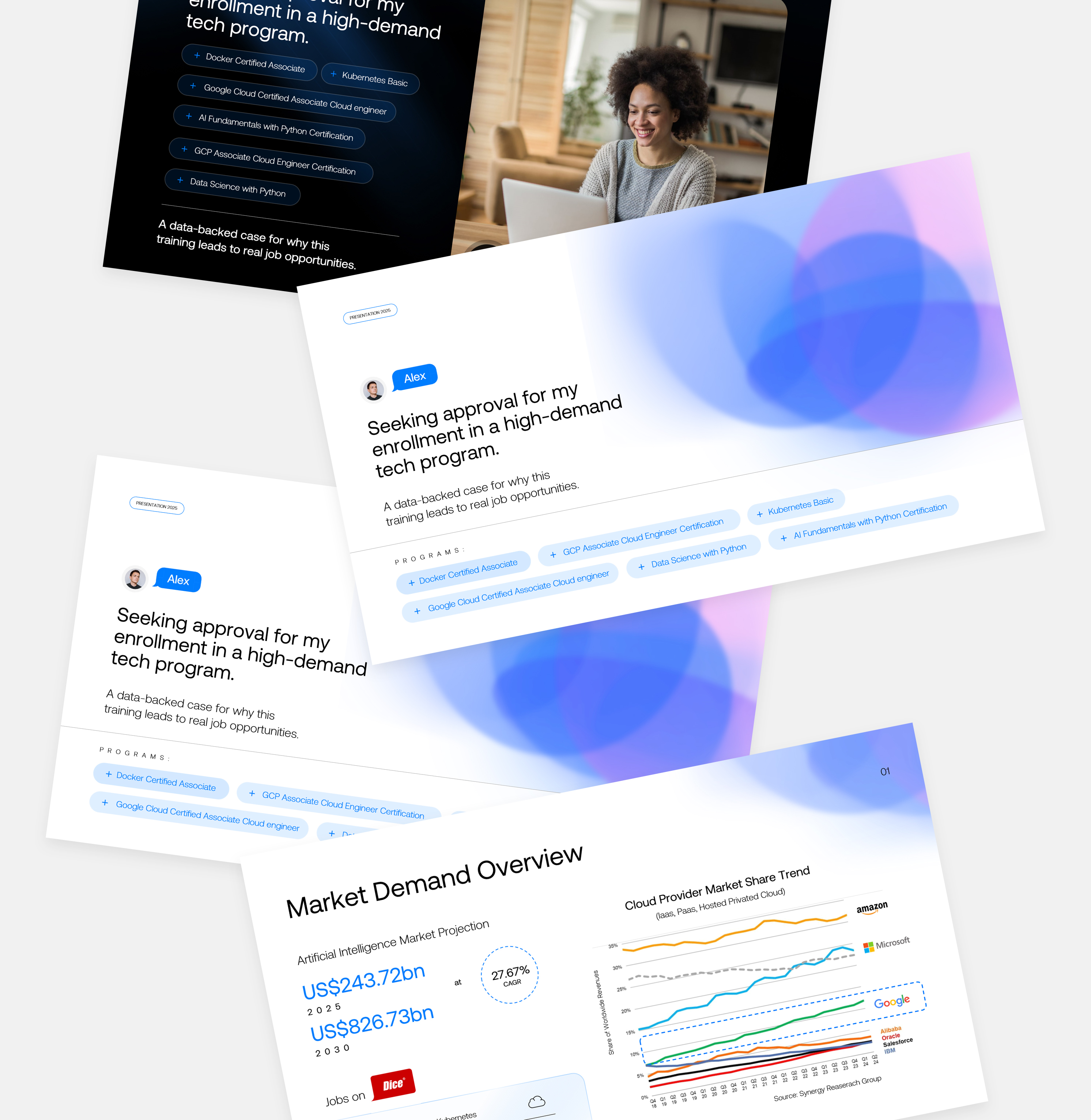 Fintech pitch deck presentation showcasing AI, cloud certifications, and market demand for investor approval