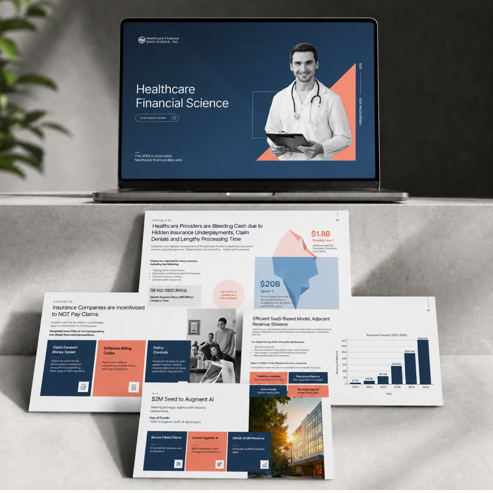 Healthcare pitch deck featuring AI-powered clinical support and investor presentation design