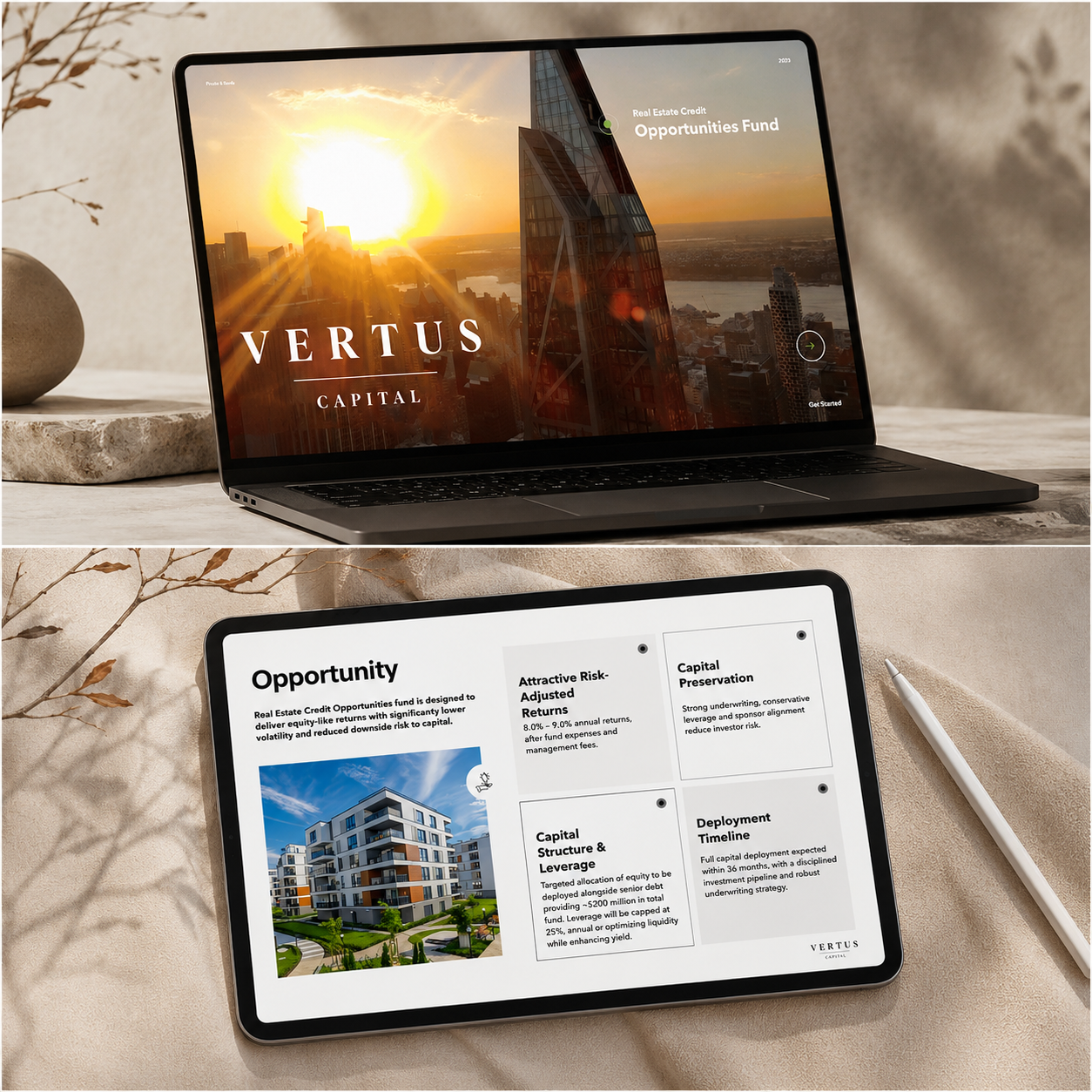 Vertus Capital investor pitch deck showcasing real estate credit opportunities fund and investment strategy