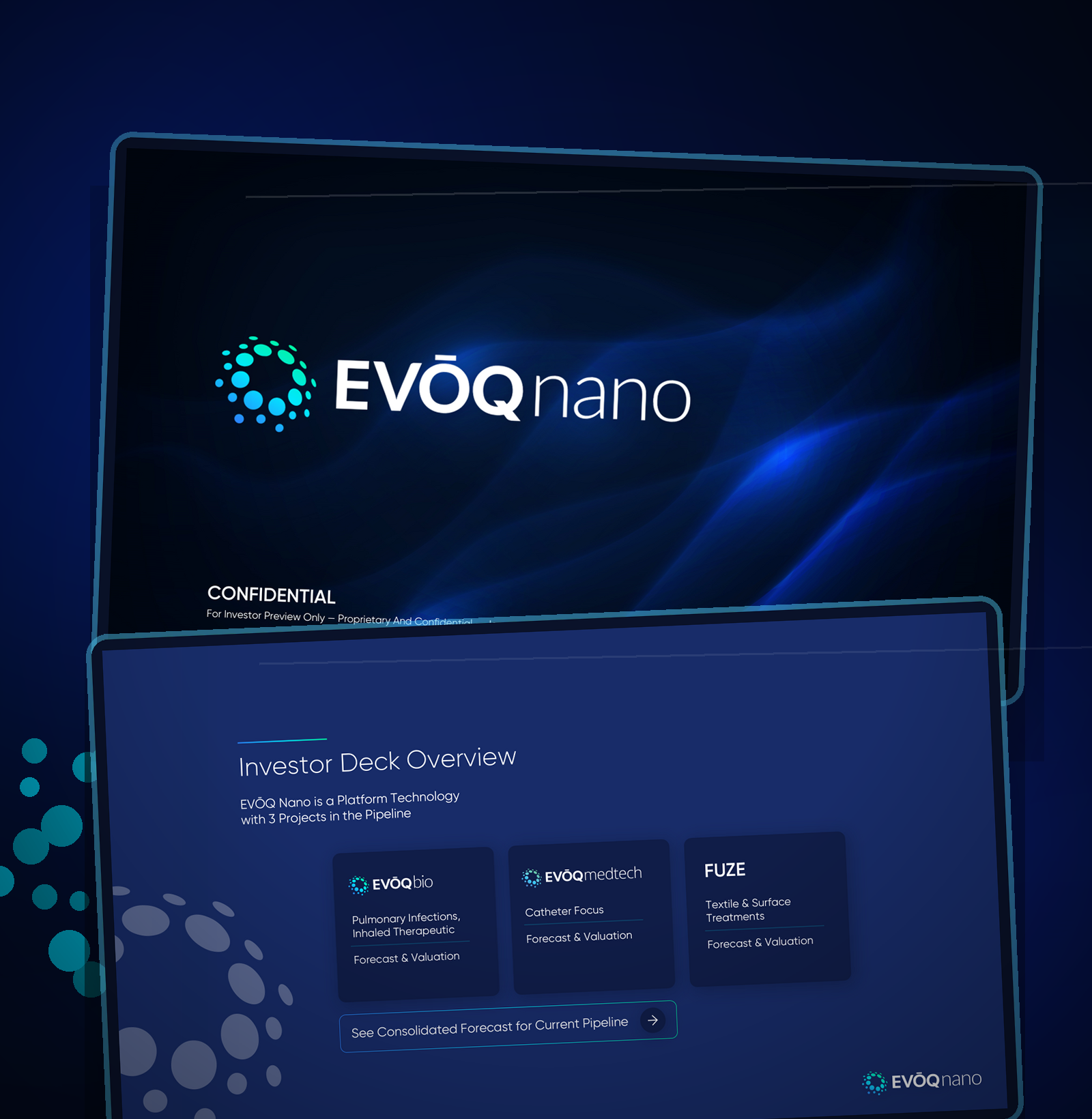 EVOQnano investor pitch deck showcasing platform overview, portfolio projects, and investment strategy 