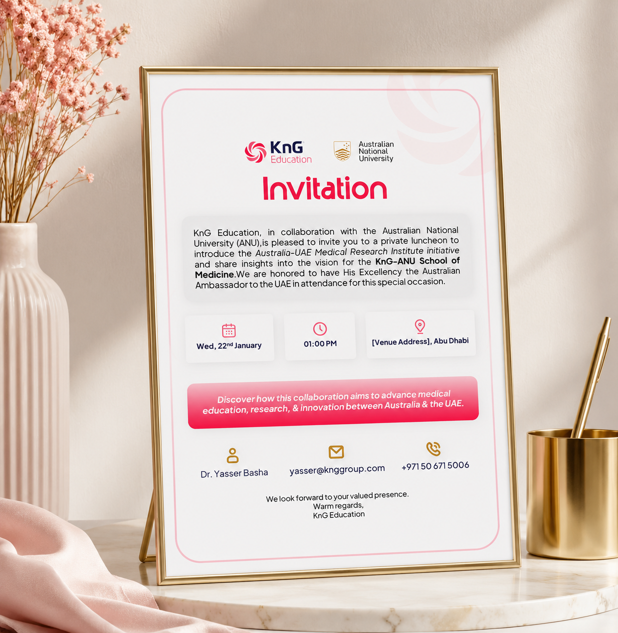 KnG Education invitation poster for ANU collaboration event with date, venue, and contact information 