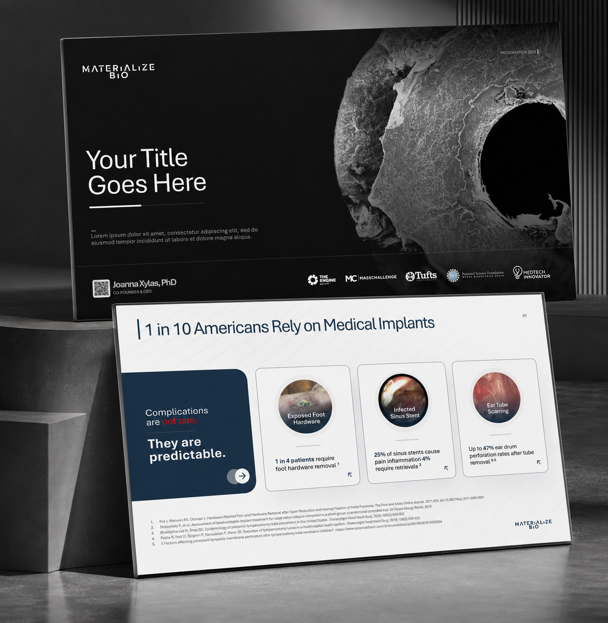 Materialize Bio medical implant presentation highlighting complications, patient data, and research insights 