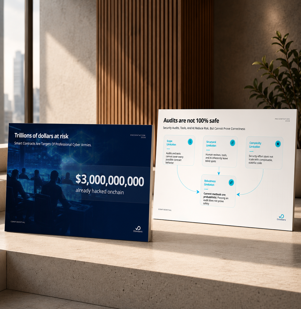 Cybersecurity investor presentation covering smart contract risks, security audits, and blockchain verificatio
