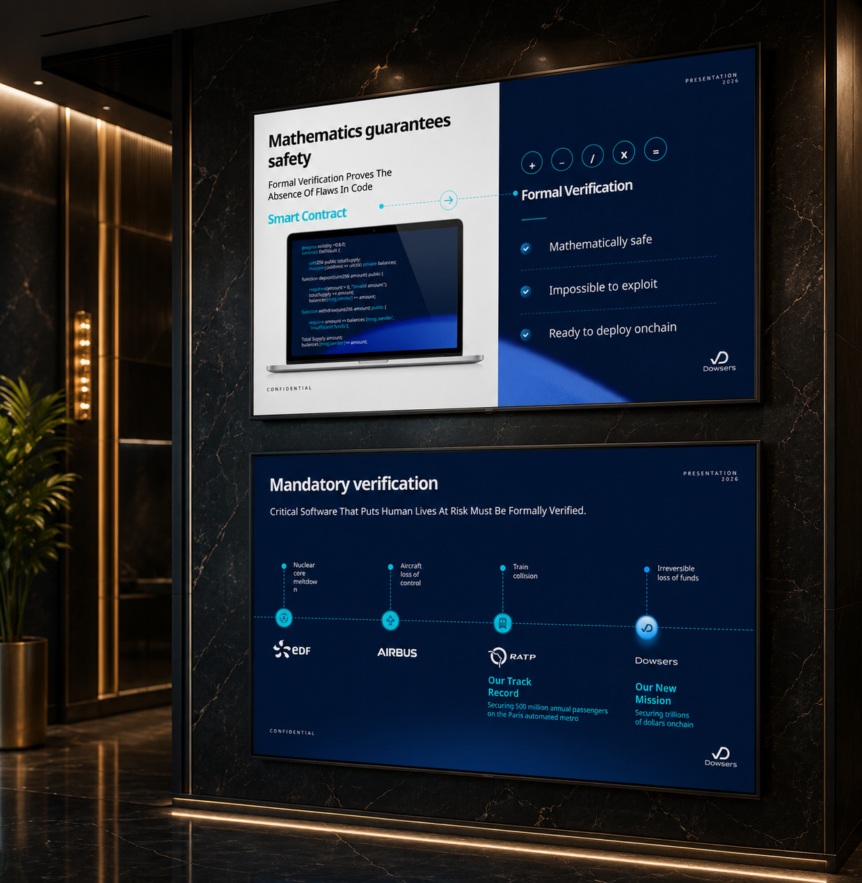 Cybersecurity pitch deck highlighting formal verification, secure coding, and blockchain protection solutions.