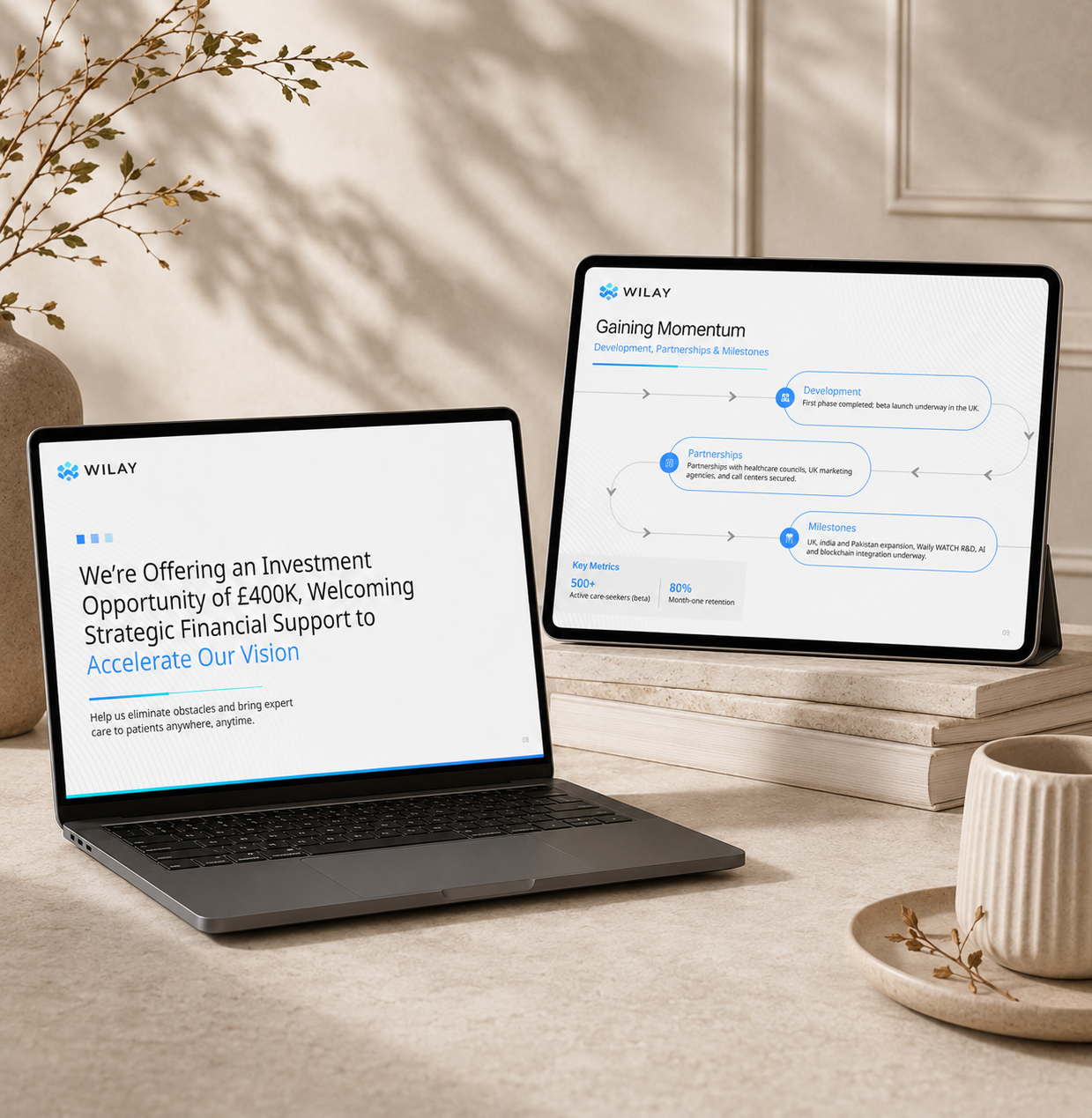 Healthcare pitch deck design with investment proposal, development roadmap, partnerships, and business milestones.