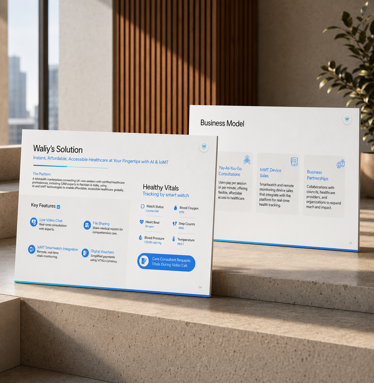 Healthcare pitch deck slides featuring AI telehealth solution, smartwatch tracking, and business model overview.